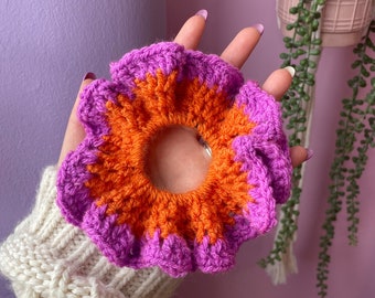 Handmade Orange and Purple XL Chunky Scrunchie, Colourful Crochet Scrunchies, Crocheted Large Hair Tie, Oversized Hair Bobble