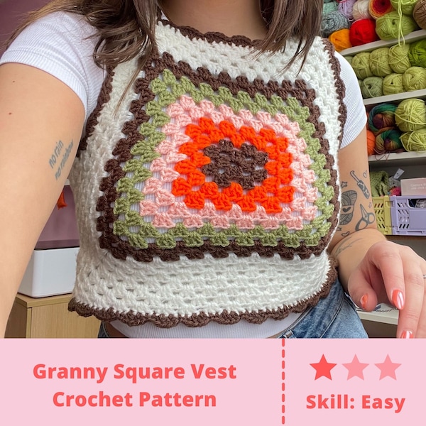 Hooked By Lou - 70s Granny Square Sweater Vest Crochet Pattern PDF Download, Simple Beginner Crochet Pattern, Autumn Winter Crochet Ideas