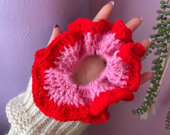 Handmade Pink and Red XL Chunky Scrunchie - Colourful Crochet Scrunchies, Crocheted Large Hair Tie, Oversized Hair Bobble, Hair Accessory