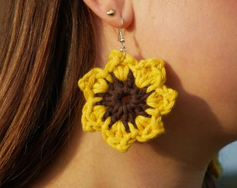 Handmade Crochet Yellow Sunflower Earrings - 100% Cotton Boho Flower Power Gift For Her Present Birthday Sun Colourful Cute Pretty