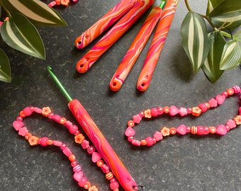 Pink & Orange Marble Polymer Clay Crochet Hook: Ergonomic Grip