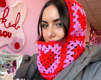 Crochet Balaclava | Handmade Crochet Hat, Winter Ski Mask, Knit Balaclava, Red and Pink Bright Balaclava Hoodie, Granny Square Crochet Hat