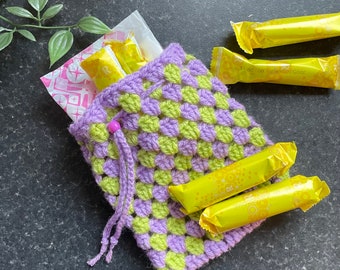 Crochet Femme Pouch - Purple and Green | Sanitary Pad and Tampon Bag Female Hygiene Product Bag Tampon Holder Period Bag