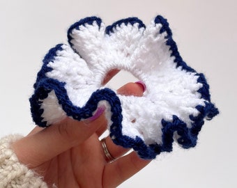 Handmade White and Navy XL Chunky Scrunchie - Colourful Crochet Scrunchies, Crocheted Large Hair Tie, Oversized Hair Bobble, Hair Accessory