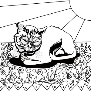May include: A black and white line drawing of a cat wearing sunglasses and sleeping on a bed of flowers. The cat is curled up in a ball with its paws tucked under its body. The flowers are in bloom and have intricate details.