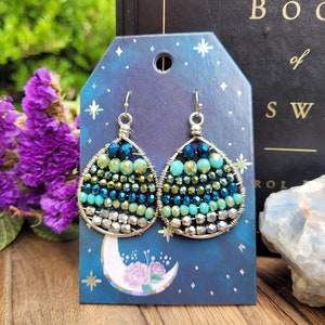 Teal & Silver Beaded Drop Earrings // Bohemian jewelry// silver hoops // hippie vibes // handmade