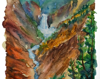 Grand Canyon of the Yellowstone Watercolor Print – Montana Landscape Painting, Nature Wall Art, Waterfall Scene, Gift for Nature Lovers