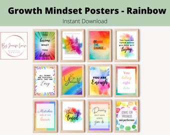 Peut inclure: Un ensemble de 12 affiches imprimables avec des arrière-plans aquarelle arc-en-ciel et des citations motivantes. Les citations incluent "Tu deviens ce que tu crois", "Sois le changement", "Tu n'as pas échoué à moins que tu n'aies arrêté d'essayer", "Tout est difficile jusqu'à ce que ce soit facile", "Sois toi-même", "Tu es assez", "Tu appartiens ici", "Les erreurs nous aident à apprendre", "Tu es aimé", "Les rêves ne fonctionnent pas à moins que tu ne le fasses", et "Aspire au progrès, pas à la perfection".
