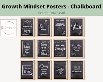 Peut inclure: Un ensemble de 12 affiches d'école tableau noir imprimables avec des citations motivantes sur l'état d'esprit de croissance. Les affiches présentent du texte blanc sur un fond noir avec des éléments décoratifs comme des étoiles et des cœurs.
