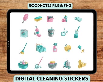 Digital Cleaning Planner Stickers -  Pre-cropped Goodnotes Stickers & Individual PNG Transparent Digital Cleaning Themed Digital Stickers