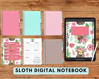 Sloth Digital Notebook Perfect For Students, 5 Tab Portrait Digital Goodnotes Notebook & Note-taking Apps.