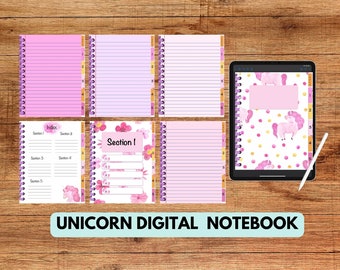 Digital Unicorn Notebook Perfect for Students, 5 Tab Portrait Digital Goodnote Notebook & Note-taking Apps