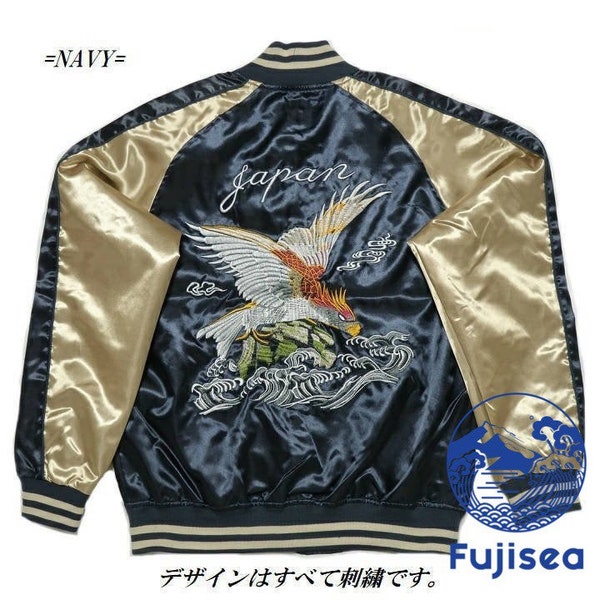 JKT206 Fuji Sea Adler und die Große Welle Sukajan Souvenir Jacke für Unisex [Navy Blauer Hintergrund und Champange Farbe]