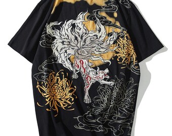 TEE010 Fuji Sea Nine-Tail Kitsune Black and Yellow  Fox Embroidered Souvenir Tee Shirt for Unisex