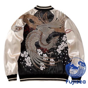 FujiSea Phoenix and Cherry Blossom Sukajan Jacket for Unisex [Black Background and Champagne Color Sleeve]