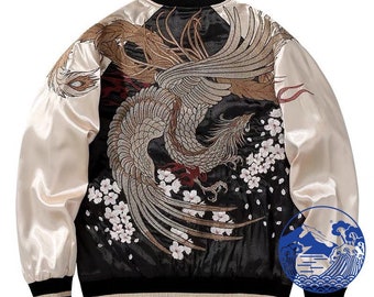 FujiSea Phoenix and Cherry Blossom Sukajan Jacket for Unisex [Black Background and Champagne Color Sleeve]