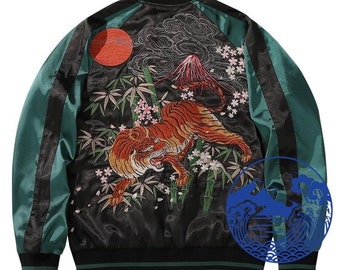 Fuji Sea Tiger and Mount Fuji Embroidery Sukajan Jacket for Unisex [Black Background and Green Sleeve]