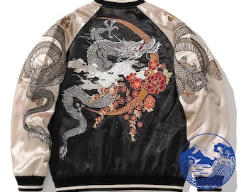 FujiSea Dragon and Moon Sukajan Jacket for Unisex [Black Background and Champagne Color Sleeve]