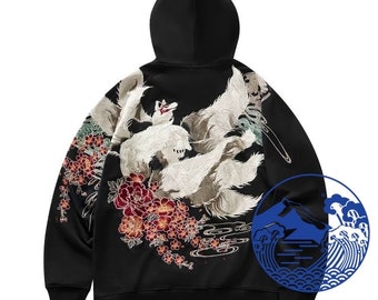 FujiSea Nine-Tail Kitsune Fox Embroidery Pullover Hoodie for Unisex