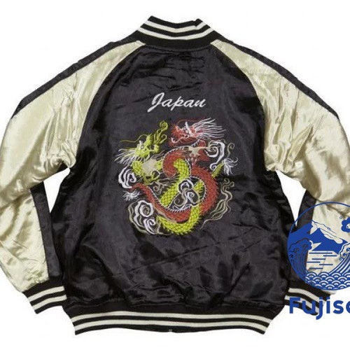 JKT205 FujiSea Double Dragon Embroidery Sukajan Souvenir Jacket for Unisex [Black Background and Champagne Color shops Sleeve]