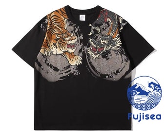 TEE014 Fuji Sea Tiger and Dragon Print Short Sleeve Tee T-Shirt Unisex