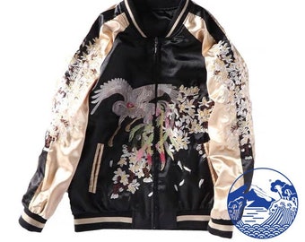 JKT220 Fuji Sea Bird and Floral Embroidery Sukajan Souvenir Jacket for Women [Black Background and Champagne Color Sleeve]