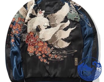 FujiSea Nine-Tail Kitsune Fox Embroidery Sukajan Jacket for Unisex [Black Background and Blue/Green Sleeve]