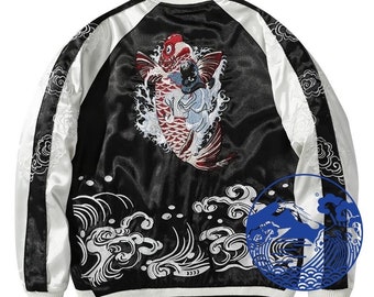 FujiSea [Reversible] Double Koi Sukajan Jacket [Black Background and White Color Sleeve]