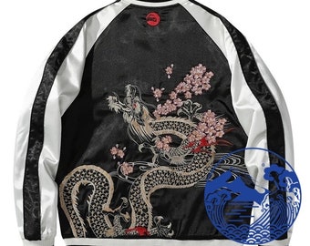 FujiSea [Reversible] Sakura And Flying Dragon Koi Carp Embroidered Sukajan Jacket for Unisex