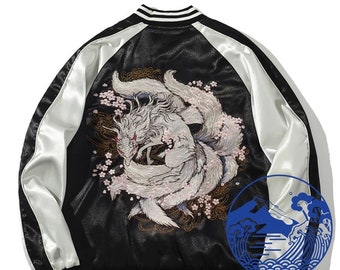 FujiSea Fairy Nine-Tail Kitsune Fox Embroidery Sukajan Jacket for Unisex [Black Background and Black Color Sleeve]