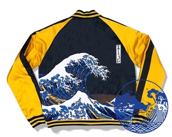 Fuji Sea Great Wave Of Kaganawa PRINT Hokusai Ukiyo-e MA1 Bomber Jacket for Unisex Embroidery [Black Background and Yellow Sleeve]