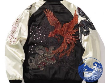 FujiSea Beasts Embroidery Sukajan Jacket for Unisex [Black Background and White Sleeve]