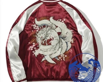 FujiSea Fairy Nine-Tail Kitsune Fox Embroidery Sukajan Jacket for Unisex [Black Background and Red Color Sleeve]