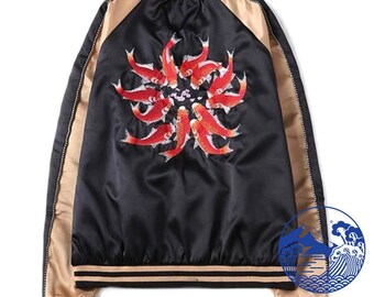 JKT225 Fuji Sea Koi Carp Sukajan Jacket for Unisex [Black Background and Champagne Color Sleeve]