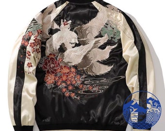 FujiSea Nine-Tail Kitsune Fox Embroidery Sukajan Jacket for Unisex [Black Background and Champagne Color Sleeve]