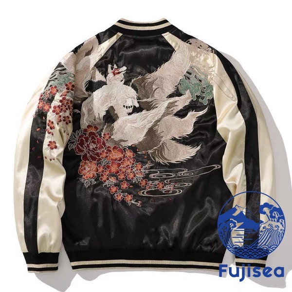 FujiSea Nine-Tail Kitsune Fox Embroidery Sukajan Jacket for Unisex [Black Background and Champagne Color Sleeve]