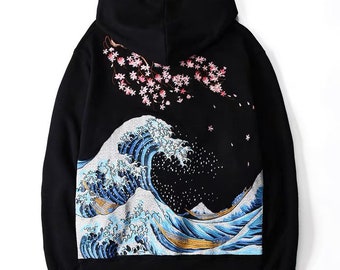 HOO304 Fuji Sea Sakura Cherry Blossom and Great Wave Kanagawa Hokusai Ukiyoe Embroidery Hoodie for Unisex