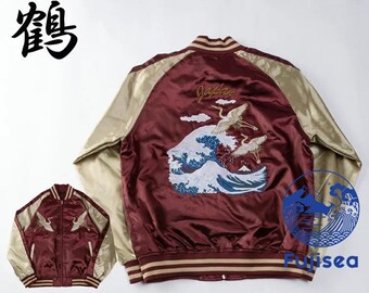 JKT210 Fuji Sea Flying Crane Great Wave Embroidery Sukajan Souvenir Jacket for Unisex [Maroon Red Background and Champange Color Sleeve]