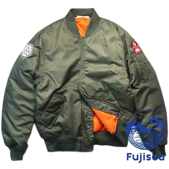 Mennace varsity bomber jacket in forest green with multiple badges and  monogram sleeves