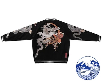 Fuji Sea Flying Dragon Velvet Jacket for Unisex [Black Velvet]