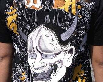 TEE006 Fuj Sea Oni Hannya Demon Devil and the Great Buddha Japanese Harajuku Streetwear Embroidered Souvenir Short Sleeve Tee T-Shirt Unisex