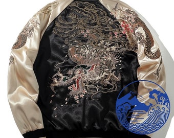 FujiSea Flying Dragon over the Clouds Embroidery Sukajan Jacket for Unisex [Black Background and Champange Sleeve]