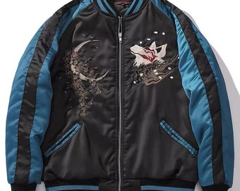 JKT223 Fuji Sea Nine-Tail Kitsune Fox Embroidery Sukajan Souvenir Bomber Jacket for Unisex [Black Background and Blue Sleeve]