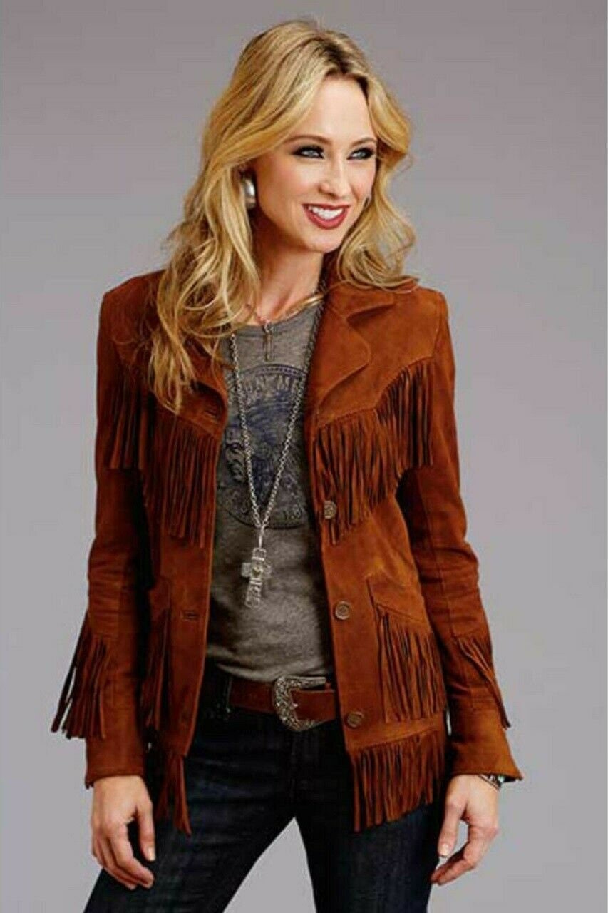 Women Suede Leather Western Style Jacket With Fringe Etsy