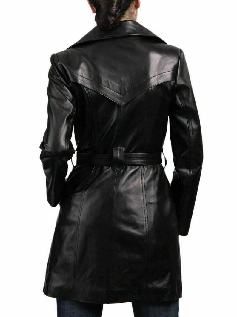 Womens Genuine Lambskin Leather Long Overcoat Trench Coat Button Black Jacket