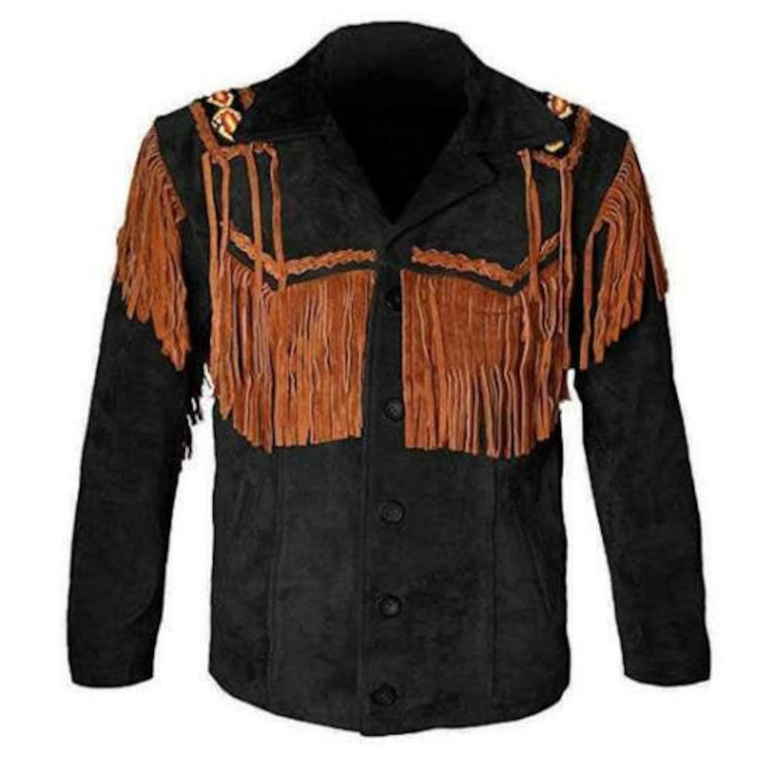 Men Suede Western Style Cowboy Leather Jacket With Fringe Etsy