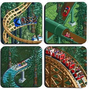 May include: Four square coasters featuring pixelated images of a roller coaster, a water ride, and a log flume ride in a forest setting.