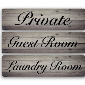 Grey Wood Style Metal Room Sign – Private, Guest, Laundry