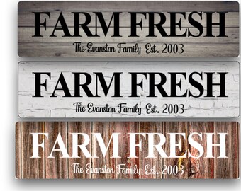 May include: Three variations of a wooden sign with the text "FARM FRESH" and the text "The Evanston Family Est. 2003" below. The signs have different wood grain patterns and colors, including gray, white, and brown.