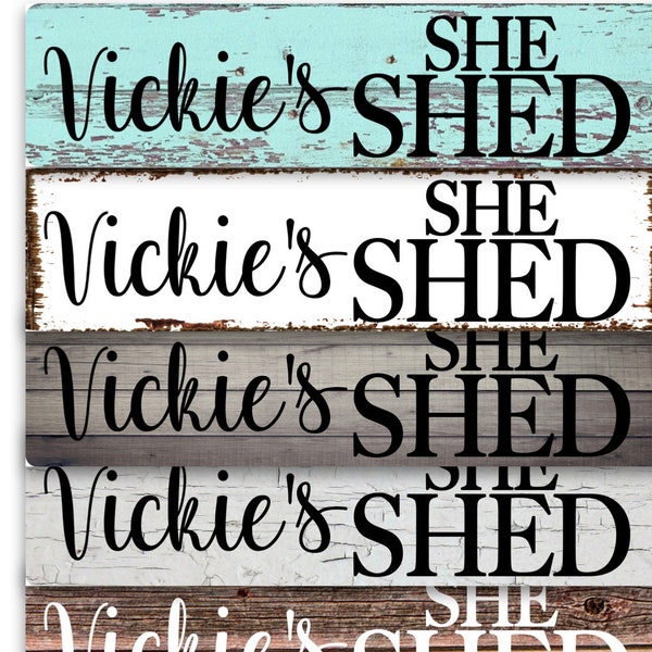 PERSONALIZED Name on SHE SHED - choose Barn wood, Grey, White Crackle and Teal- Metal Sign 4"x18" or 3"x12" or 2"x8" modern farmhouse